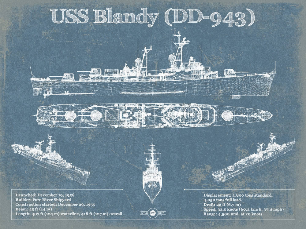 14" x 11" / Stretched Canvas Wrap Cutler West USS Blandy (DD-943) Forrest Sherman-class Destroyer Blueprint Original Military Wall Art - Customizable