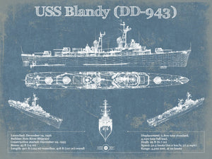 14" x 11" / Unframed Cutler West USS Blandy (DD-943) Forrest Sherman-class Destroyer Blueprint Original Military Wall Art - Customizable