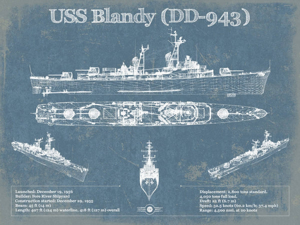 14" x 11" / Unframed Cutler West USS Blandy (DD-943) Forrest Sherman-class Destroyer Blueprint Original Military Wall Art - Customizable