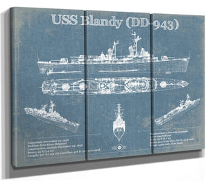 36" x 24" / 3 Panel Canvas Wrap Cutler West USS Blandy (DD-943) Forrest Sherman-class Destroyer Blueprint Original Military Wall Art - Customizable