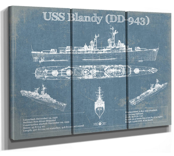 36" x 24" / 3 Panel Canvas Wrap Cutler West USS Blandy (DD-943) Forrest Sherman-class Destroyer Blueprint Original Military Wall Art - Customizable