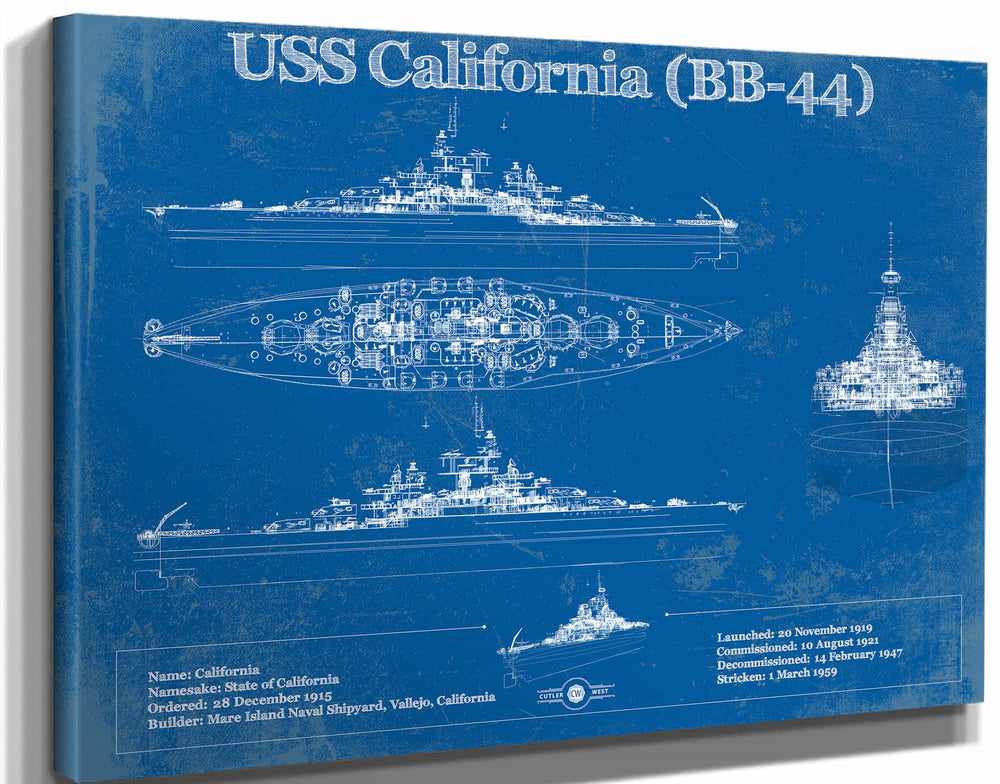 14" x 11" / Stretched Canvas Wrap Cutler West USS California (BB-44) Blueprint Original Military Wall Art - Customizable