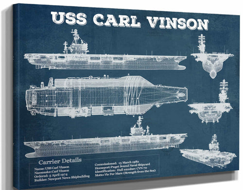 14" x 11" / Stretched Canvas Wrap Cutler West USS Carl Vinson (CVN 70) Aircraft Carrier Blueprint Original Military Wall Art - Customizable
