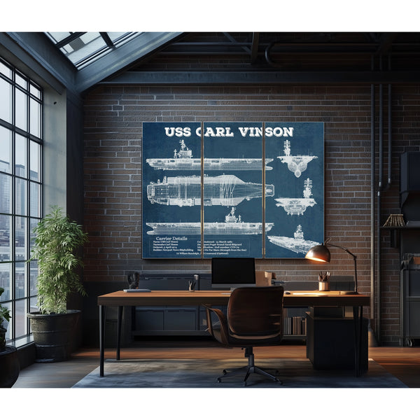 USS Carl Vinson Aircraft Carrier Print as a 3 panel canvas wrap in an industrial loft office