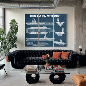 USS Carl Vinson Aircraft Carrier Print as a 3 panel canvas wrap in a modern living room