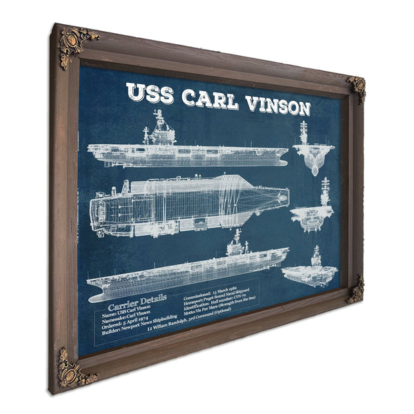 USS Carl Vinson Aircraft Carrier Print in a Bourbon stained wood frame with antique gold corners
