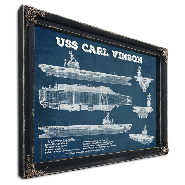 USS Carl Vinson Aircraft Carrier Print in a distressed Vintage Black wood frame with ornate corners