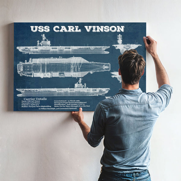USS Carl Vinson Aircraft Carrier Print framed in Vintage Black above a mid-century record console