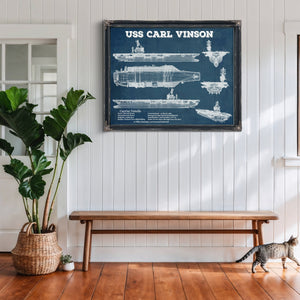 USS Carl Vinson Aircraft Carrier Print framed in Vintage Black above a rustic console table