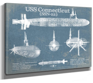 14" x 11" / Stretched Canvas Wrap Cutler West USS Connecticut (SSN-22) Blueprint Original Military Wall Art