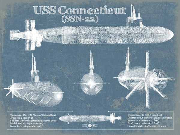 14" x 11" / Unframed Cutler West USS Connecticut (SSN-22) Blueprint Original Military Wall Art