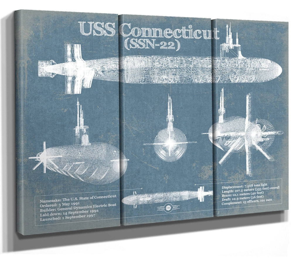 14" x 11" / Stretched Canvas Wrap Cutler West USS Connecticut (SSN-22) Blueprint Original Military Wall Art