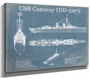 14" x 11" / Stretched Canvas Wrap Cutler West USS Conway (DD-507) Blueprint Original Military Wall Art - Customizable