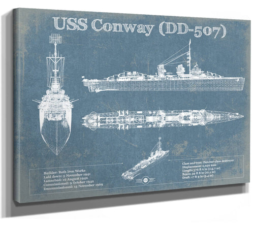 14" x 11" / Stretched Canvas Wrap Cutler West USS Conway (DD-507) Blueprint Original Military Wall Art - Customizable