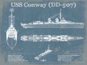 14" x 11" / Unframed Cutler West USS Conway (DD-507) Blueprint Original Military Wall Art - Customizable