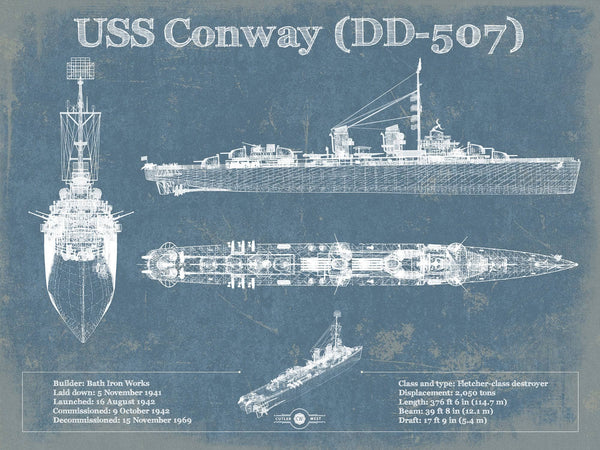 14" x 11" / Unframed Cutler West USS Conway (DD-507) Blueprint Original Military Wall Art - Customizable
