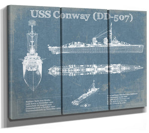 36" x 24" / 3 Panel Canvas Wrap Cutler West USS Conway (DD-507) Blueprint Original Military Wall Art - Customizable