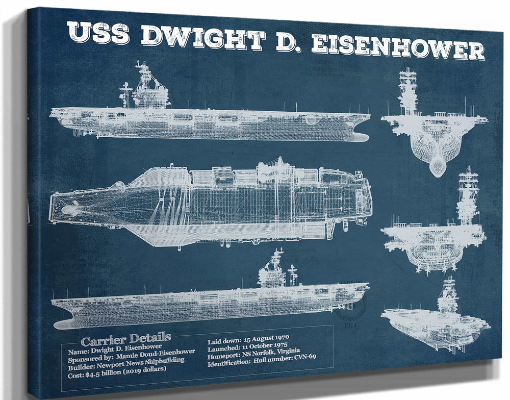 14" x 11" / Stretched Canvas Wrap Cutler West USS Dwight Eisenhower CVN69 Aircraft Carrier Blueprint Original Military Wall Art - Customizable