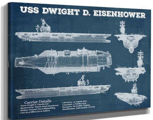 14" x 11" / Stretched Canvas Wrap Cutler West USS Dwight Eisenhower CVN69 Aircraft Carrier Blueprint Original Military Wall Art - Customizable