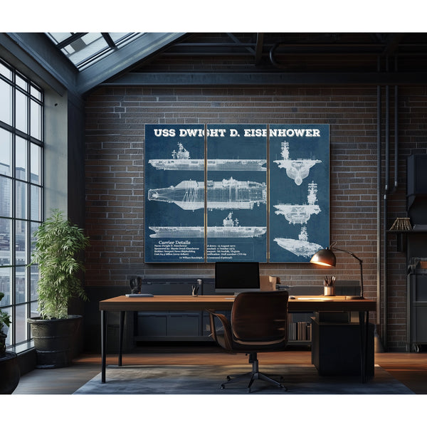 USS Dwight Eisenhower CVN69 Aircraft Carrier Naval Print as a 3 panel canvas wrap in an industrial loft office