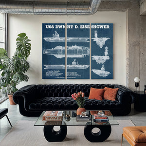 USS Dwight Eisenhower CVN69 Aircraft Carrier Naval Print as a 3 panel canvas wrap in a modern living room