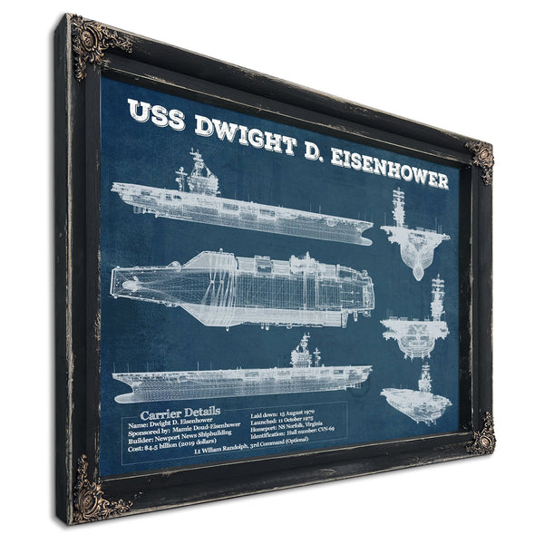 USS Dwight Eisenhower CVN69 Aircraft Carrier Naval Print in a distressed Vintage Black wood frame with ornate corners
