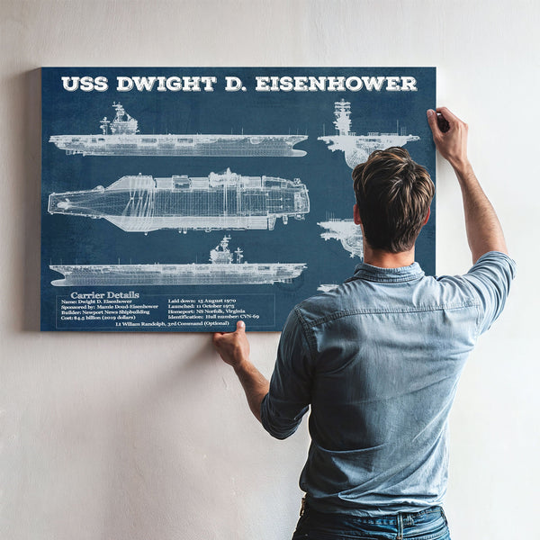 USS Dwight Eisenhower CVN69 Aircraft Carrier Naval Print framed in Vintage Black above a mid-century record console