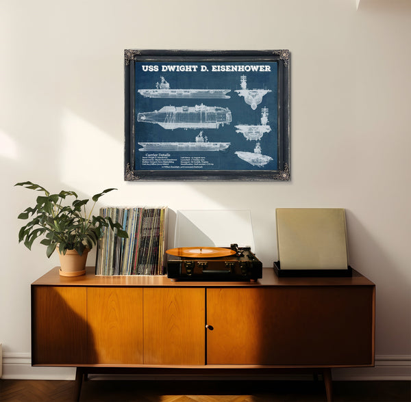 USS Dwight Eisenhower CVN69 Aircraft Carrier Naval Print framed in Vintage Black in a loft bedroom