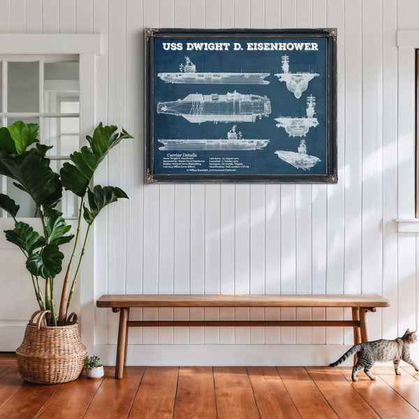 USS Dwight Eisenhower CVN69 Aircraft Carrier Naval Print framed in Vintage Black above a rustic console table