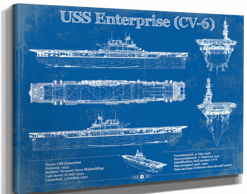 14" x 11" / Stretched Canvas Wrap Cutler West USS Enterprise (CV-6) Aircraft Carrier Blueprint Original Military Wall Art - Customizable