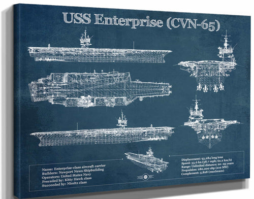 14" x 11" / Stretched Canvas Wrap Cutler West USS Enterprise (CVN-65) Aircraft Carrier Blueprint Original Military Wall Art - Customizable