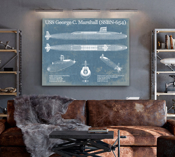 Cutler West USS George C. Marshall (SSBN-654) Blueprint Original Military Wall Art - Customizable