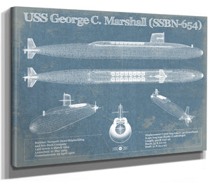 14" x 11" / Stretched Canvas Wrap Cutler West USS George C. Marshall (SSBN-654) Blueprint Original Military Wall Art - Customizable