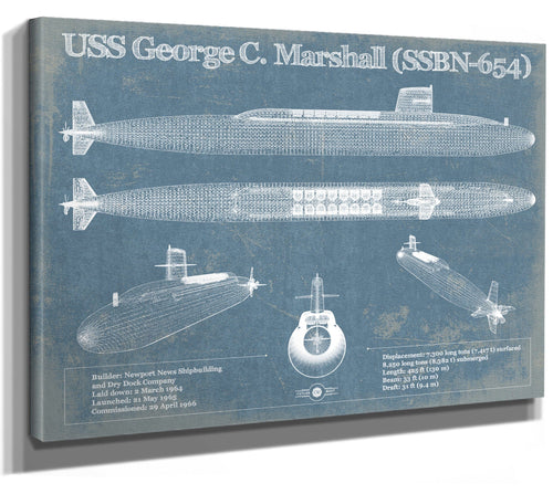 14" x 11" / Stretched Canvas Wrap Cutler West USS George C. Marshall (SSBN-654) Blueprint Original Military Wall Art - Customizable
