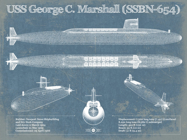 14" x 11" / Unframed Cutler West USS George C. Marshall (SSBN-654) Blueprint Original Military Wall Art - Customizable