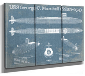 36" x 24" / 3 Panel Canvas Wrap Cutler West USS George C. Marshall (SSBN-654) Blueprint Original Military Wall Art - Customizable