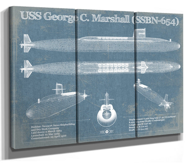 36" x 24" / 3 Panel Canvas Wrap Cutler West USS George C. Marshall (SSBN-654) Blueprint Original Military Wall Art - Customizable