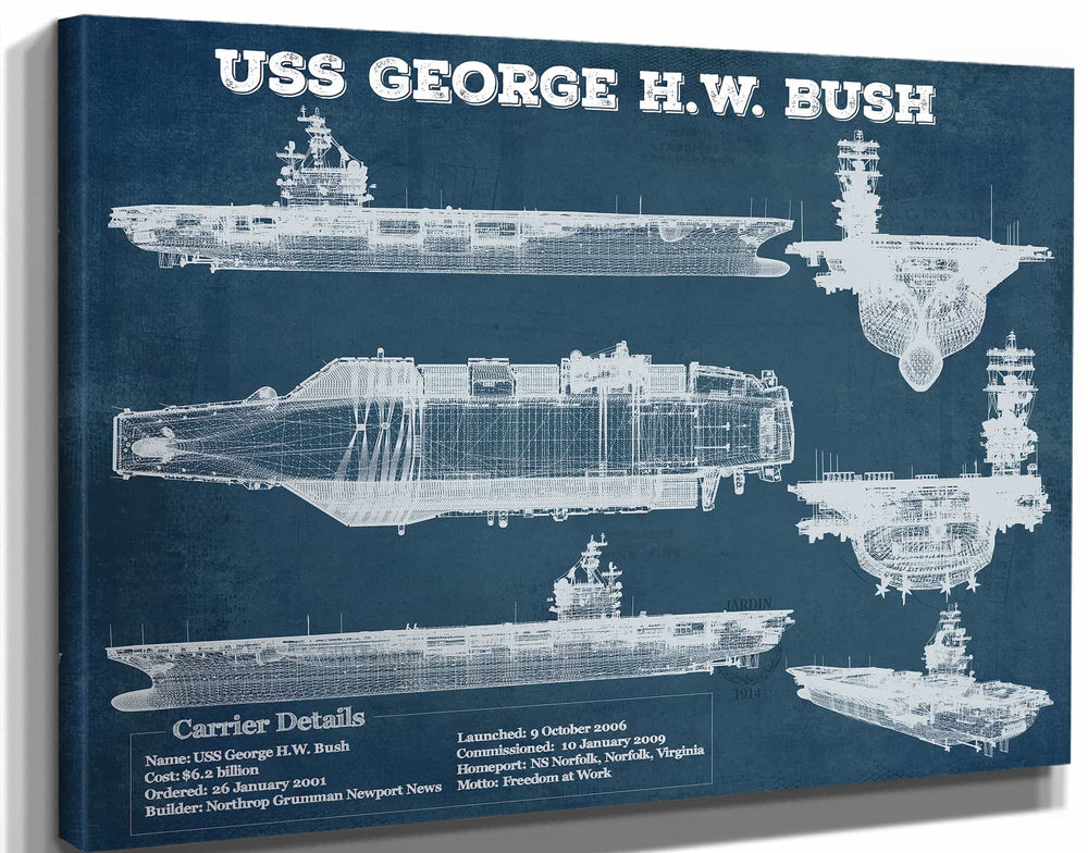 14" x 11" / Stretched Canvas Wrap Cutler West USS George H.W. Bush Aircraft Carrier Blueprint Original Military Wall Art - Customizable
