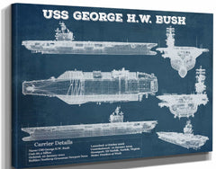 14" x 11" / Stretched Canvas Wrap Cutler West USS George H.W. Bush Aircraft Carrier Blueprint Original Military Wall Art - Customizable