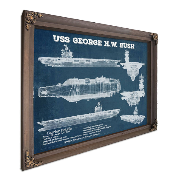 USS George HW Bush Aircraft Carrier Print in a Bourbon stained wood frame with antique gold corners