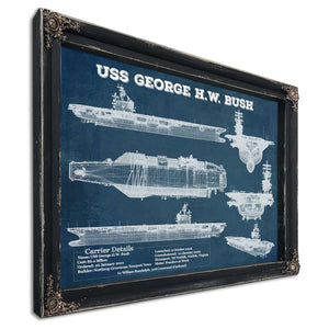 USS George HW Bush Aircraft Carrier Print in a distressed Vintage Black wood frame with ornate corners