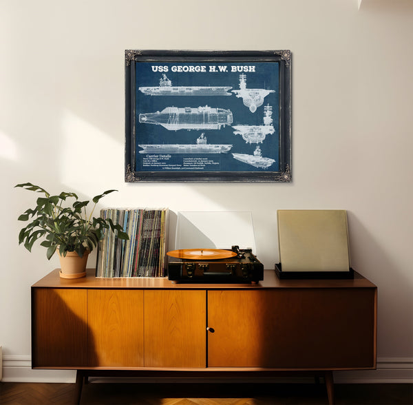 USS George HW Bush Aircraft Carrier Print framed in Vintage Black in a loft bedroom
