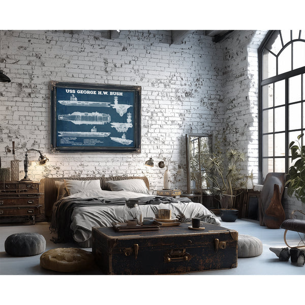 USS George HW Bush Aircraft Carrier Print framed in Vintage Black in a farmhouse entryway