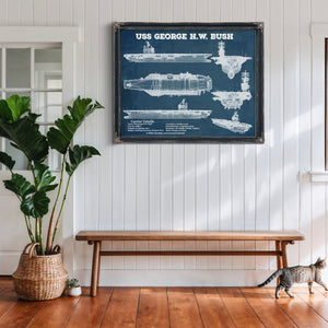 USS George HW Bush Aircraft Carrier Print framed in Vintage Black above a rustic console table