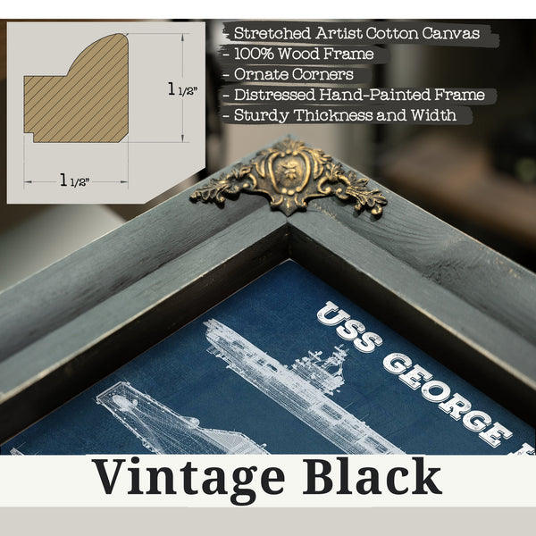 Vintage Black frame corner detail, 1.5 inch ornate wood moulding, USS George HW Bush Aircraft Carrier Print