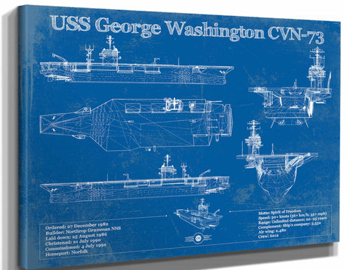 14" x 11" / Stretched Canvas Wrap Cutler West USS George Washington (CVN-73) Aircraft Carrier Blueprint Original Military Wall Art - Customizable