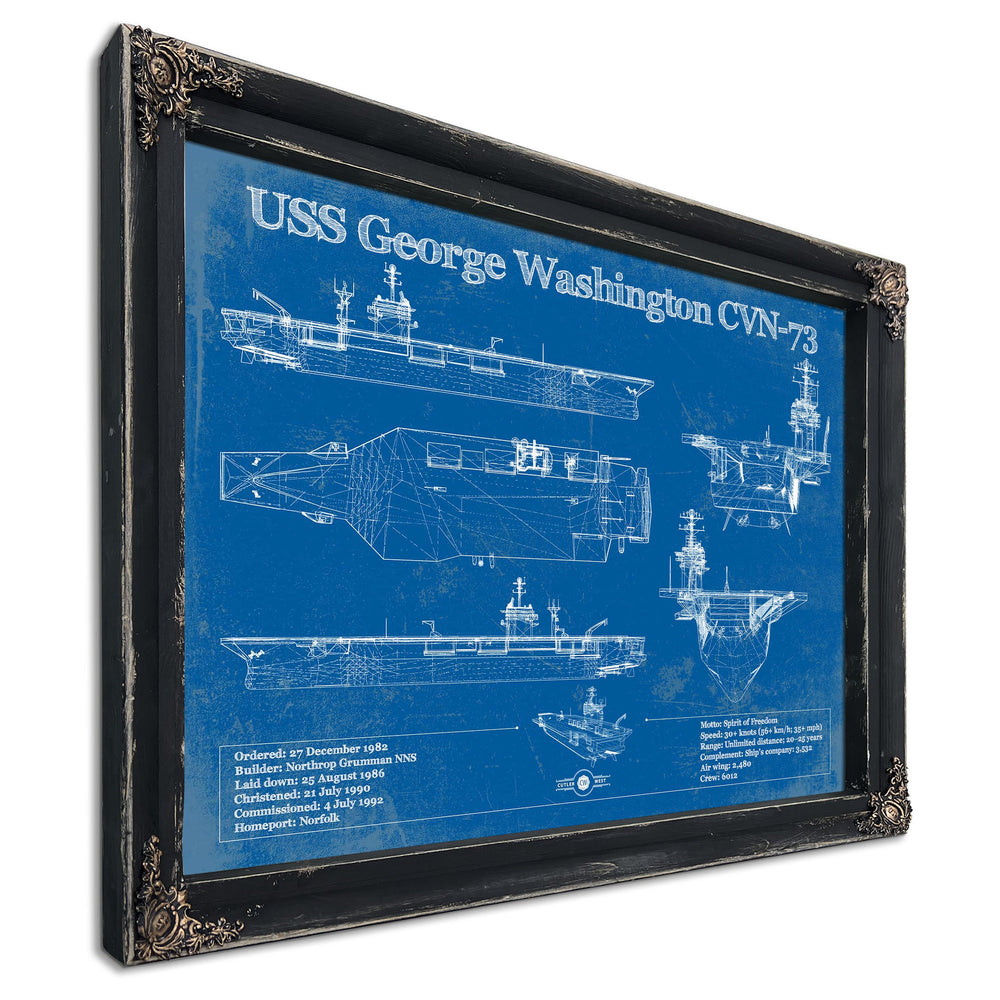 USS George Washington (CVN-73) Aircraft Carrier Print in a distressed Vintage Black wood frame with ornate corners