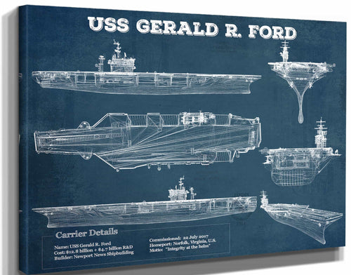 14" x 11" / Stretched Canvas Wrap Cutler West USS Gerald R. Ford (CVN-78) Aircraft Carrier Blueprint Original Military Wall Art - Customizable