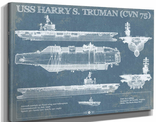 14" x 11" / Stretched Canvas Wrap Cutler West USS Harry S. Truman (CVN 75) Aircraft Carrier Blueprint Original Military Wall Art