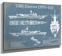 14" x 11" / Stretched Canvas Wrap Cutler West USS Hawes (FFG-53) Blueprint Original Military Wall Art - Customizable
